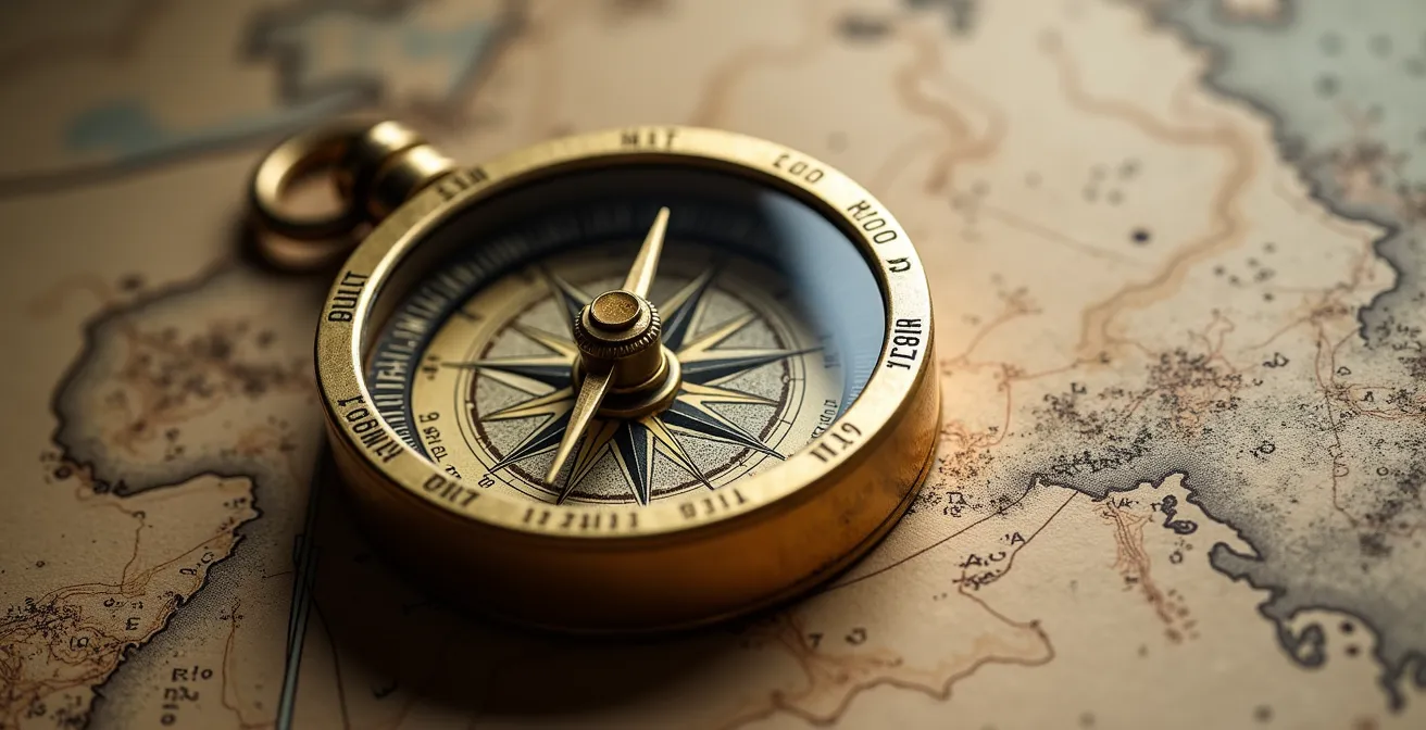 Boussole vintage posée sur une carte topographique abstraite, représentant la navigation stratégique des choix d'études