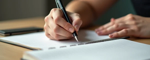 Étudiant concentré travaillant de manière autonome avec méthode et organisation, gros plan sur les mains tenant un stylo