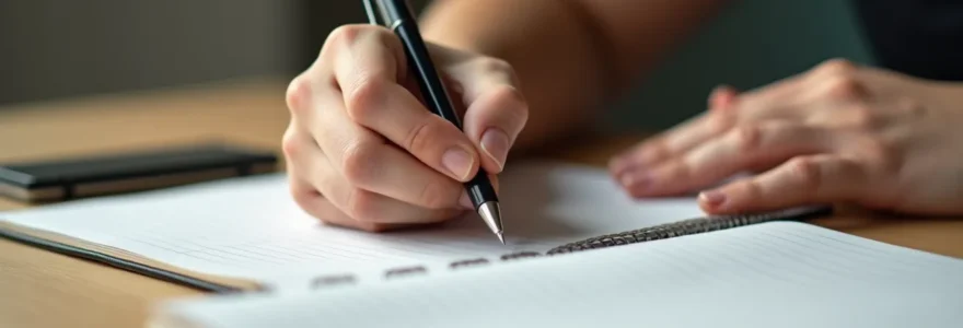 Étudiant concentré travaillant de manière autonome avec méthode et organisation, gros plan sur les mains tenant un stylo