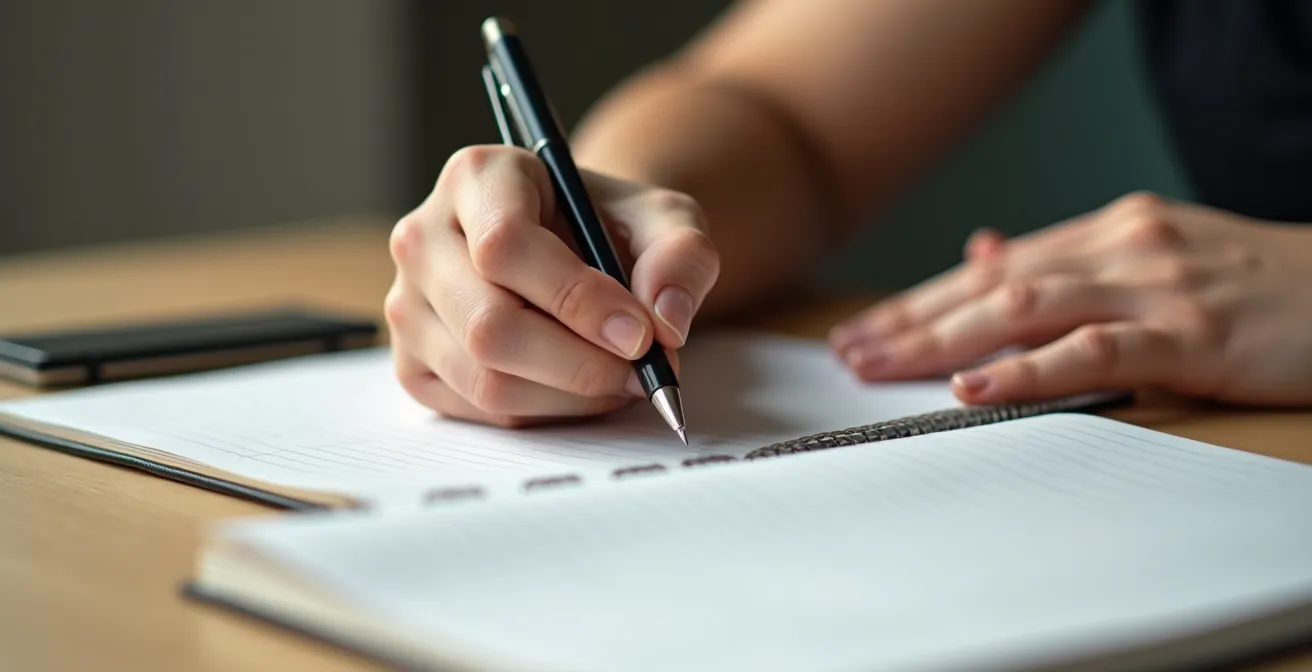 Étudiant concentré travaillant de manière autonome avec méthode et organisation, gros plan sur les mains tenant un stylo