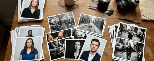 Bureau de photographe avec sélection d'images imprimées montrant deux styles distincts : portraits studio à gauche et photoreportage documentaire à droite