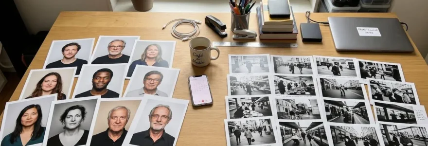Bureau de photographe avec sélection d'images imprimées montrant deux styles distincts : portraits studio à gauche et photoreportage documentaire à droite