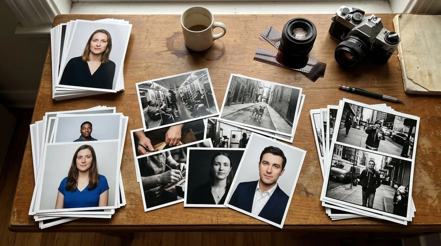 Bureau de photographe avec sélection d'images imprimées montrant deux styles distincts : portraits studio à gauche et photoreportage documentaire à droite