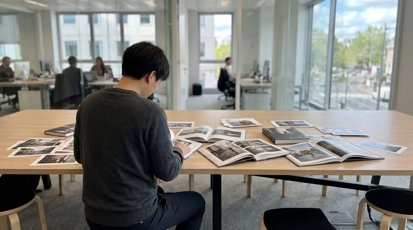 Personne de dos consultant plusieurs portfolios photographiques et livres photo étalés sur une table dans un bureau contemporain
