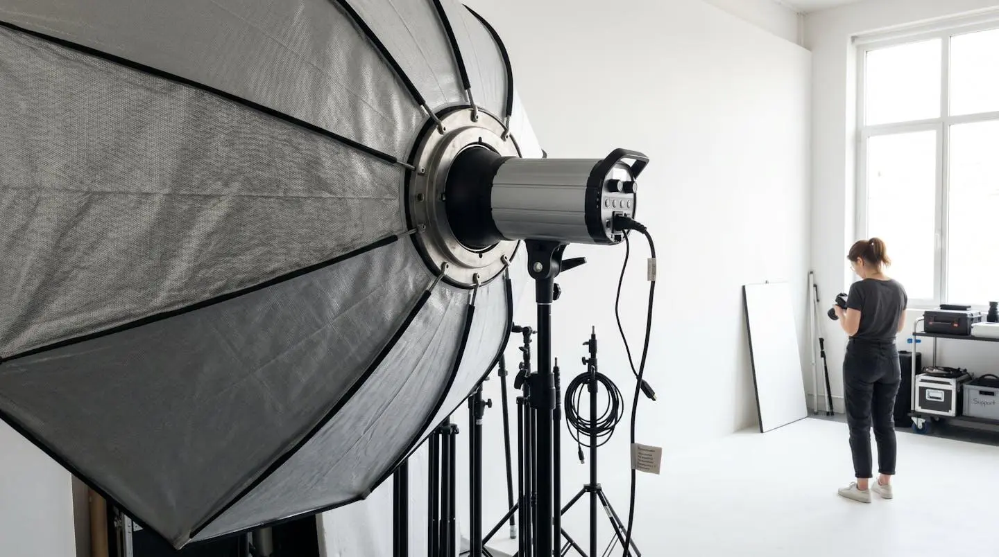 Gros plan sur un modificateur de lumière octogonal (softbox) monté sur une tête de flash de studio professionnel avec anneau métallique et tissu de diffusion