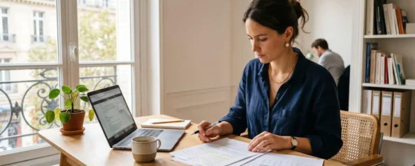 Une professionnelle en reconversion compare des brochures d'organismes de formation sur un bureau épuré