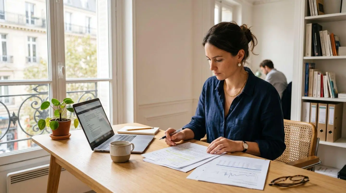 Une professionnelle en reconversion compare des brochures d'organismes de formation sur un bureau épuré