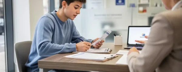Jeune étudiant assis à un bureau bancaire moderne consultant des documents pour l'ouverture de son premier compte avec un conseiller