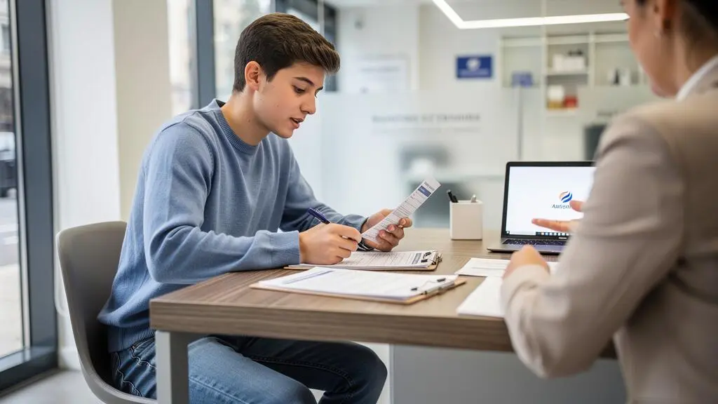 Jeune étudiant assis à un bureau bancaire moderne consultant des documents pour l'ouverture de son premier compte avec un conseiller