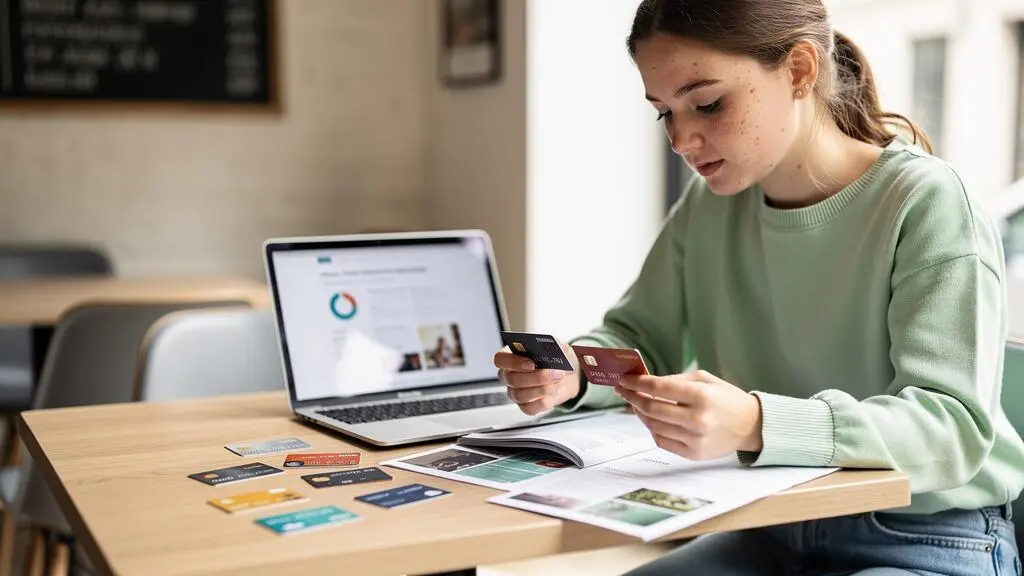 Étudiante assise à une table de café comparant plusieurs cartes bancaires et brochures d'informations pour choisir son compte