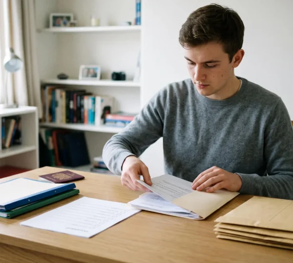 Un étudiant trie et organise ses documents administratifs, passeport et dossiers, sur un bureau dans une pièce lumineuse.